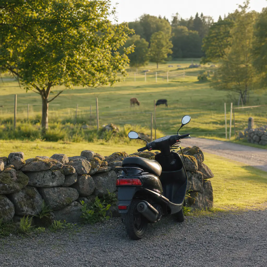 Moped parkerad nära ett stall med häst i bakgrunden