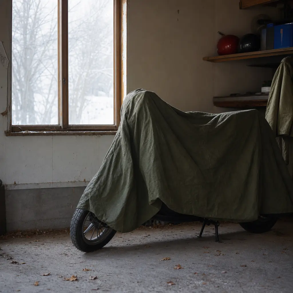 Moped täckt under presenning i låst garage
