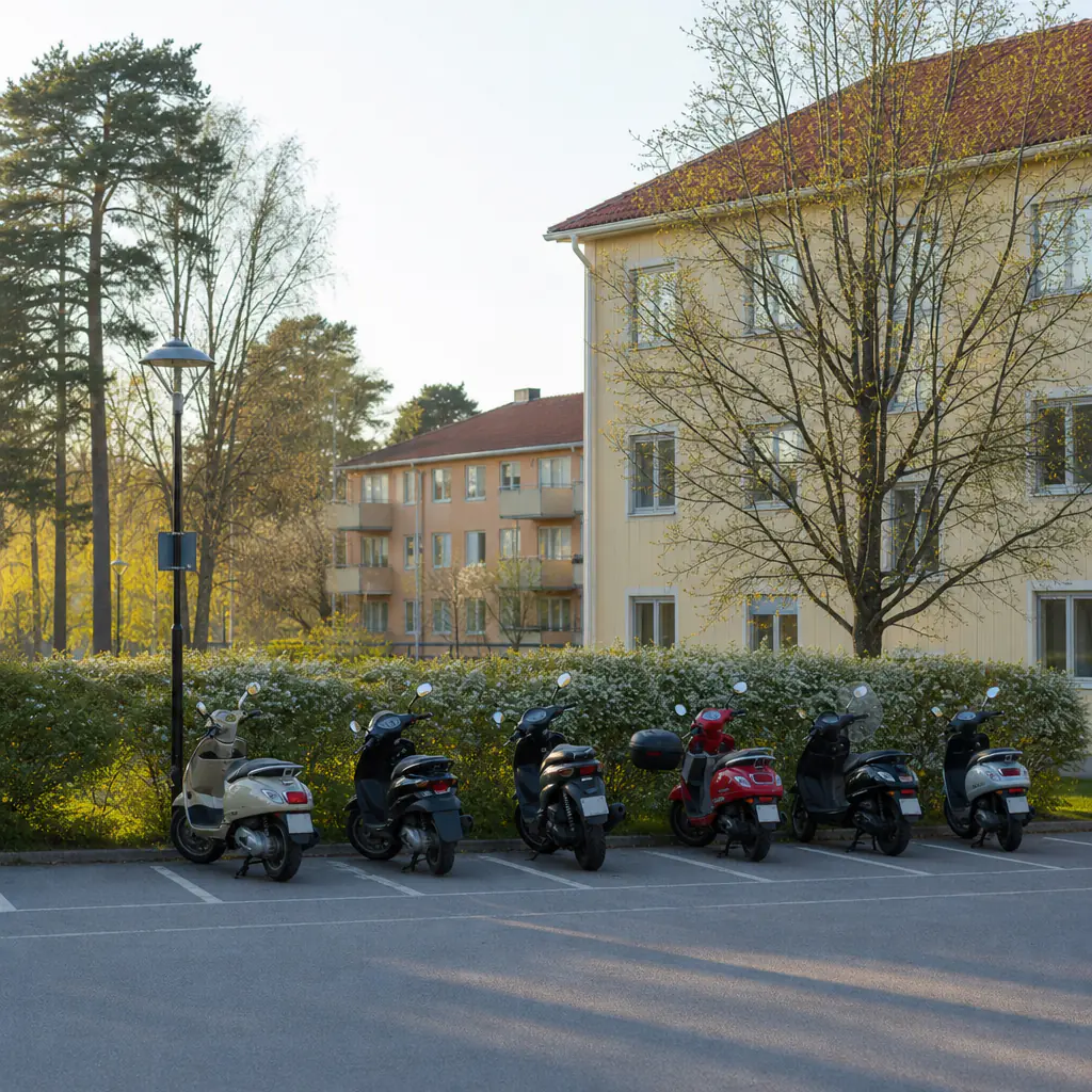 Rad av mopeder i ett bostadsområde, olika modeller och färger