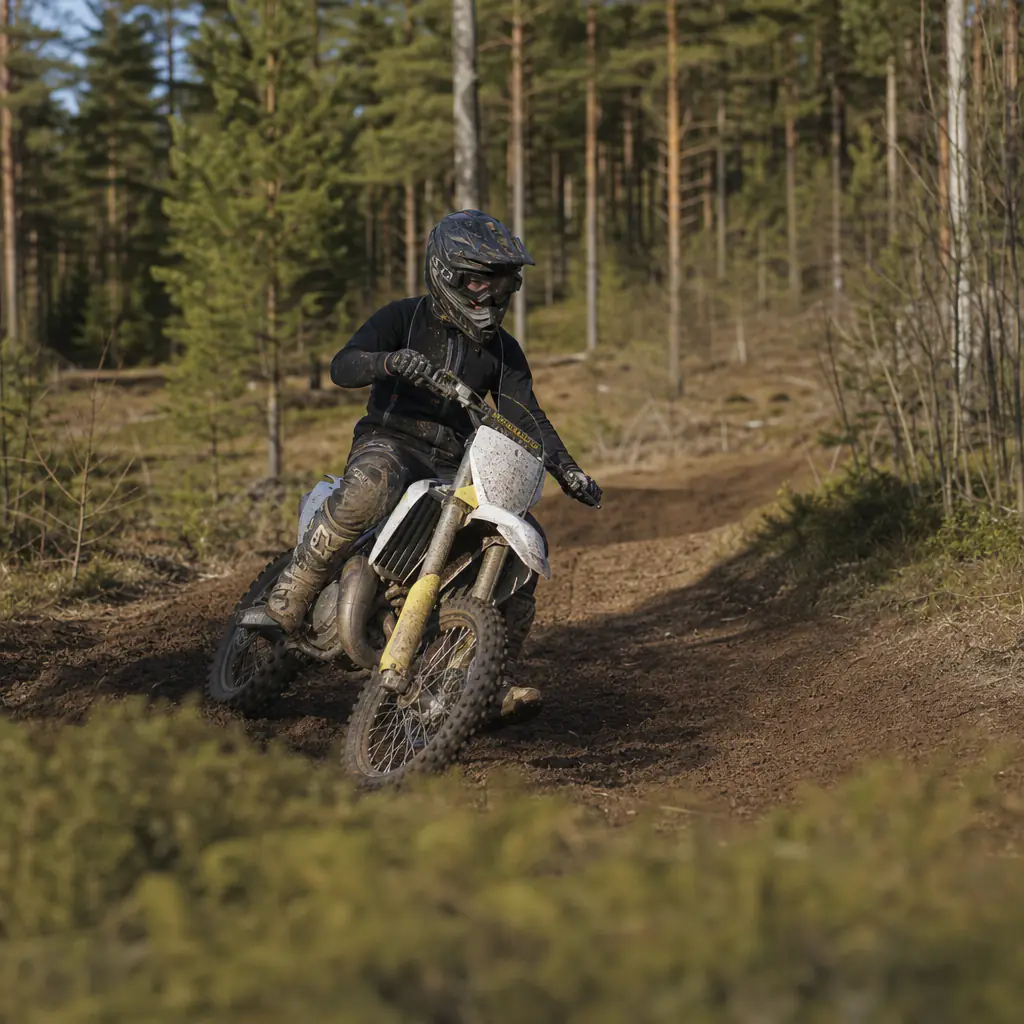 Crossmoped på grusväg i skogslandskap