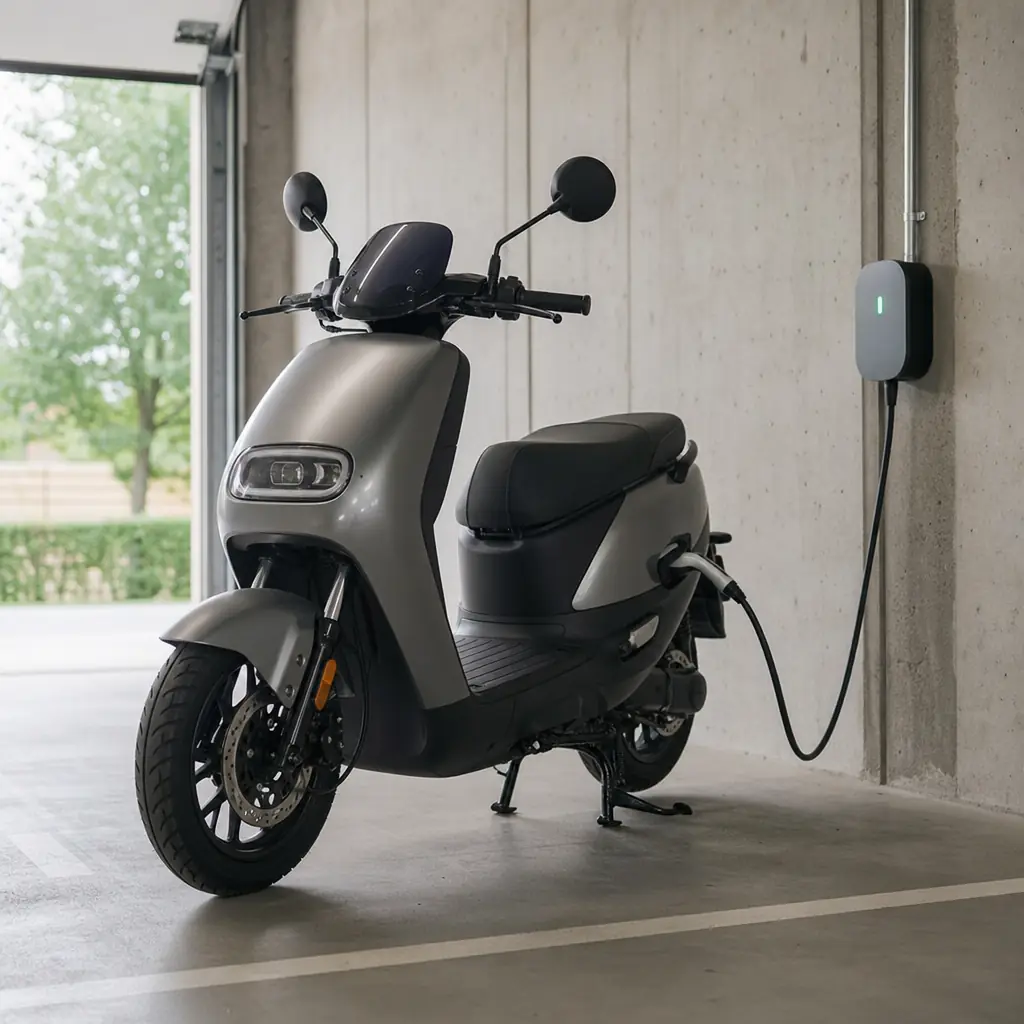 Elmoped under laddning vid uttaget