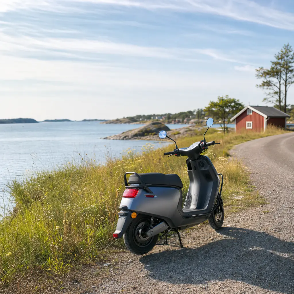 EU-moped med registreringsskylt vid bostadshus