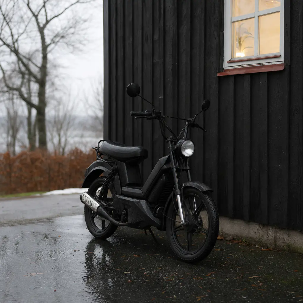 Moped klass 1 utanför ett höghus i ett bostadsområde
