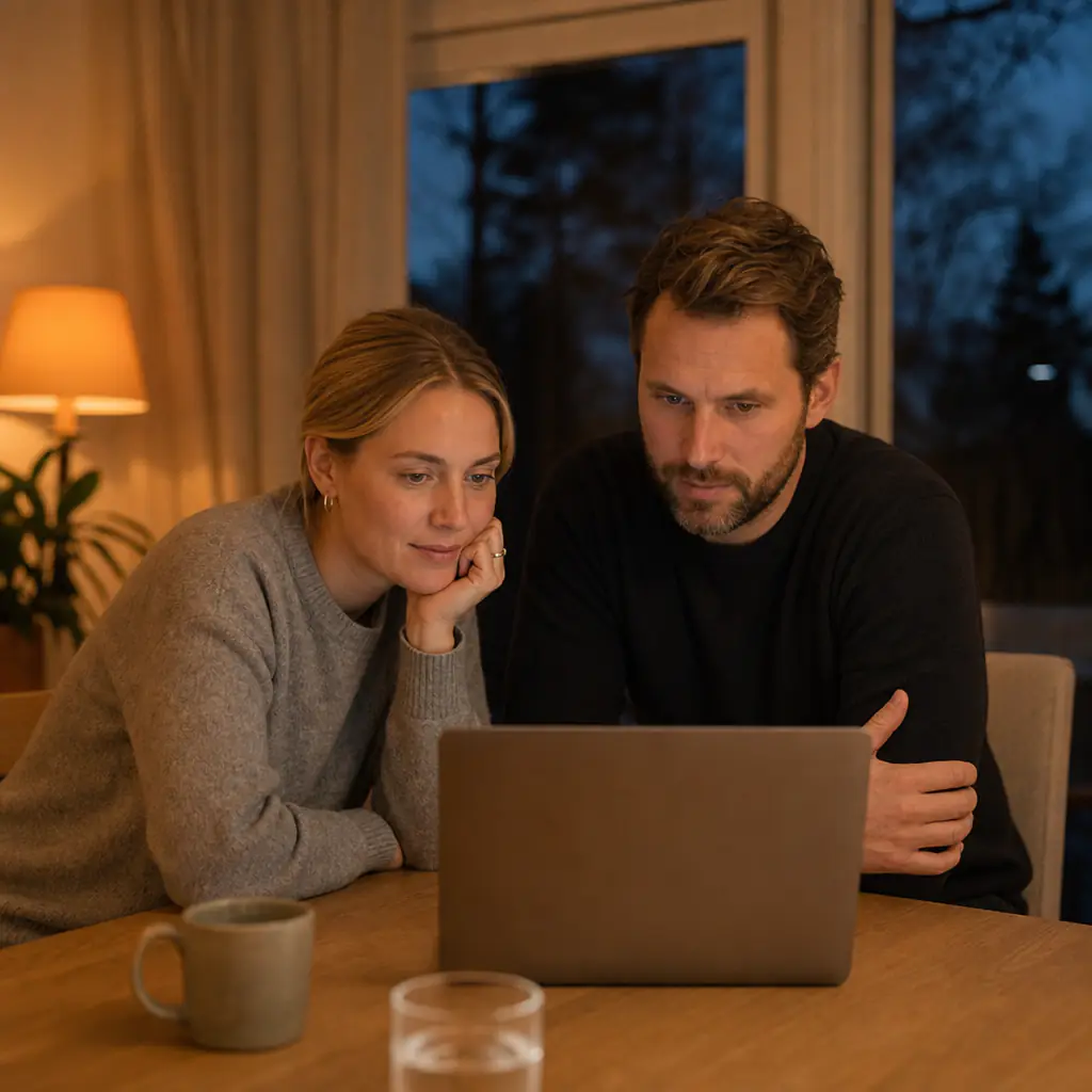 Person står framför sin elmoped vid en lägenhetsentré i Stockholm