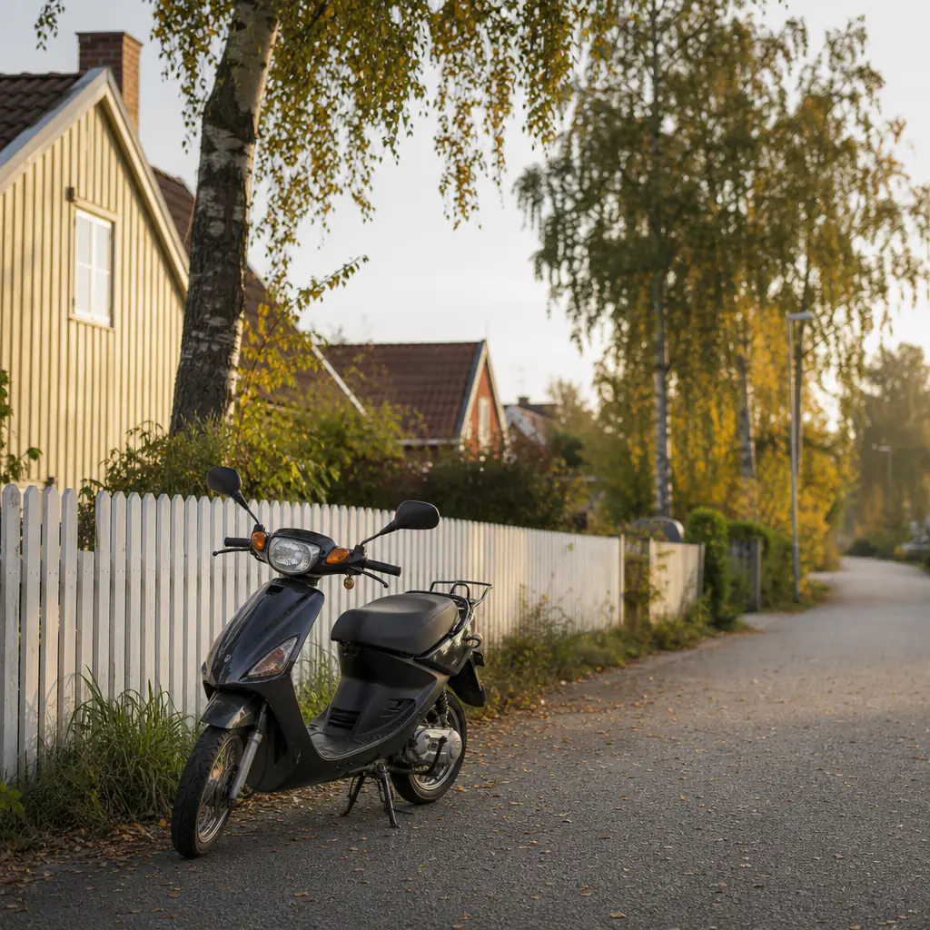 Moped klass 2 utanför en mindre matbutik i tidig morgon