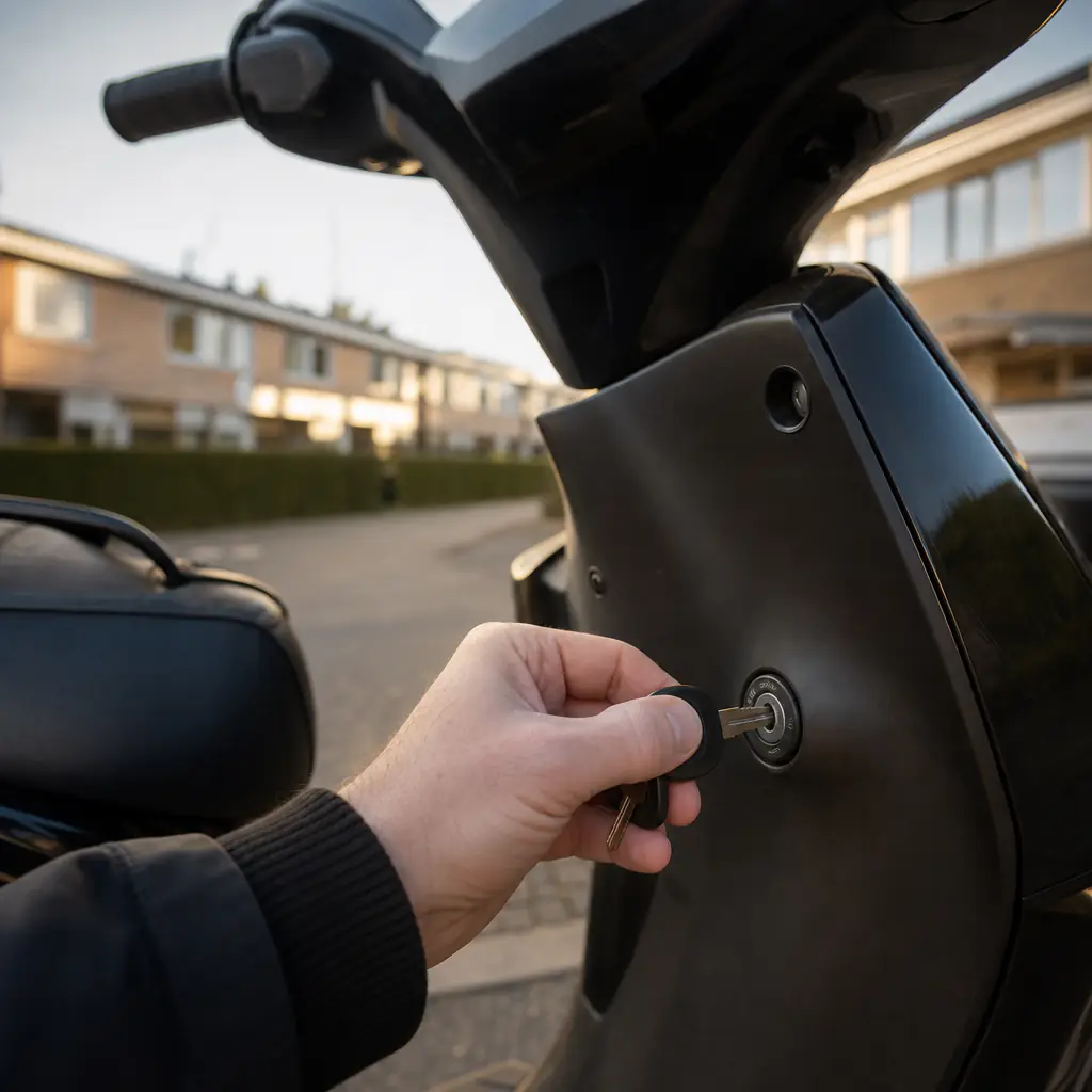 Klass 2-moped lutad mot ett trästaket i ett villaområde