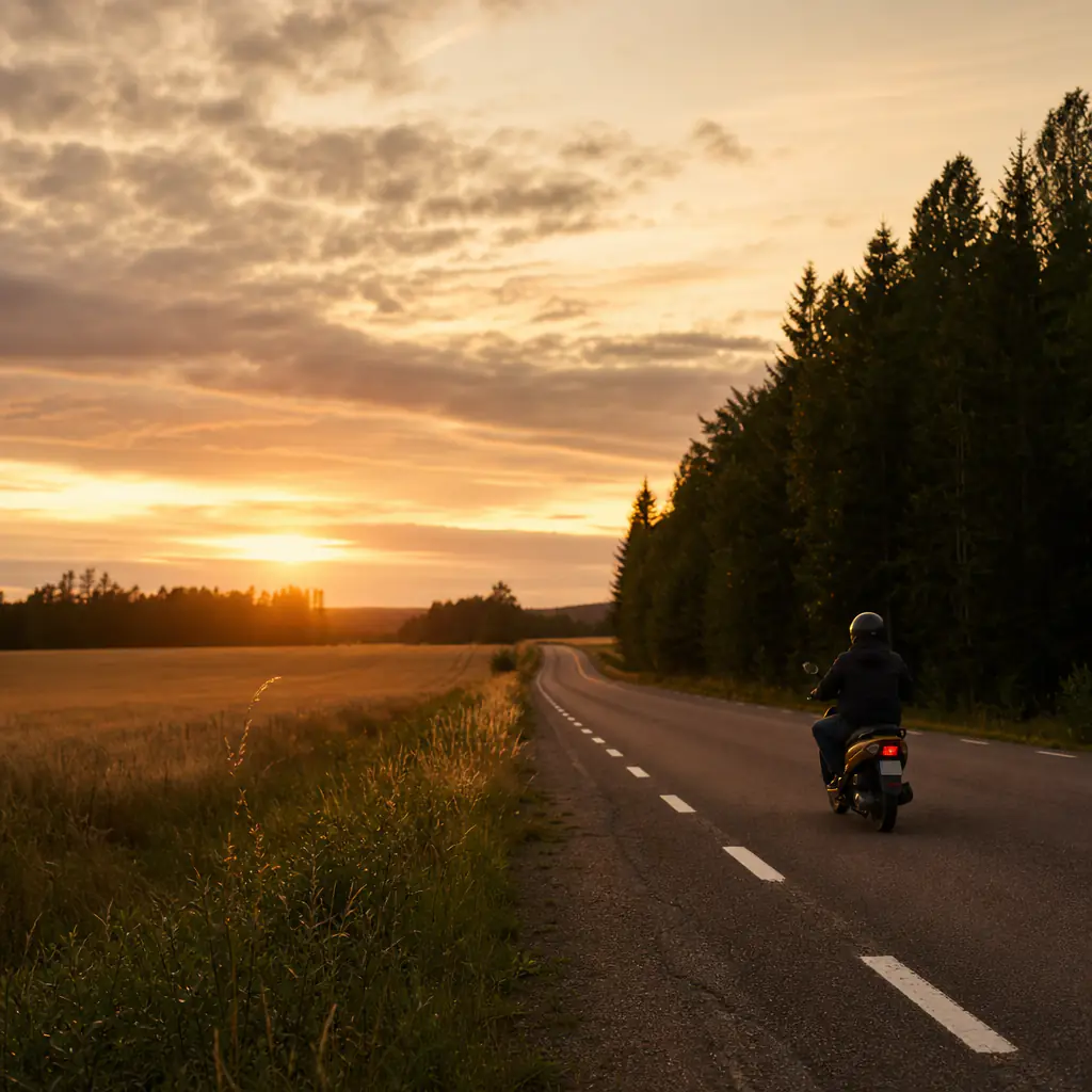 Moped klass 2 utanför ett rött trähus med flagga i bakgrunden