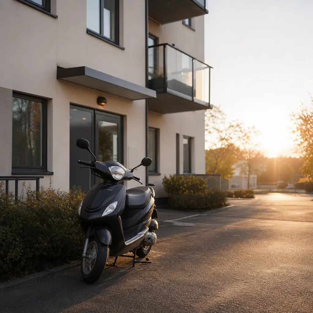 EU-moped klass 1 parkerad vid en grön häck en sommarmorgon