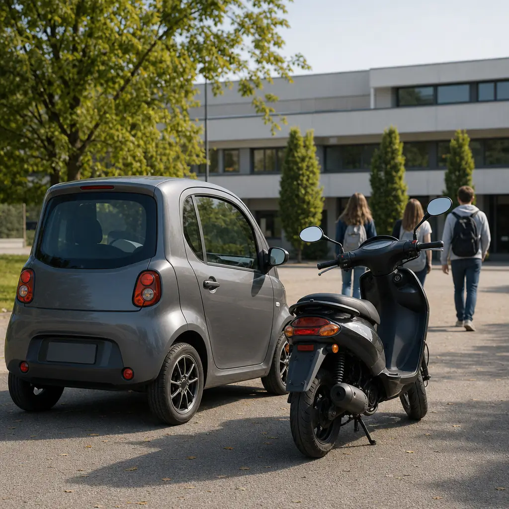 Mopedbil och moped sida vid sida