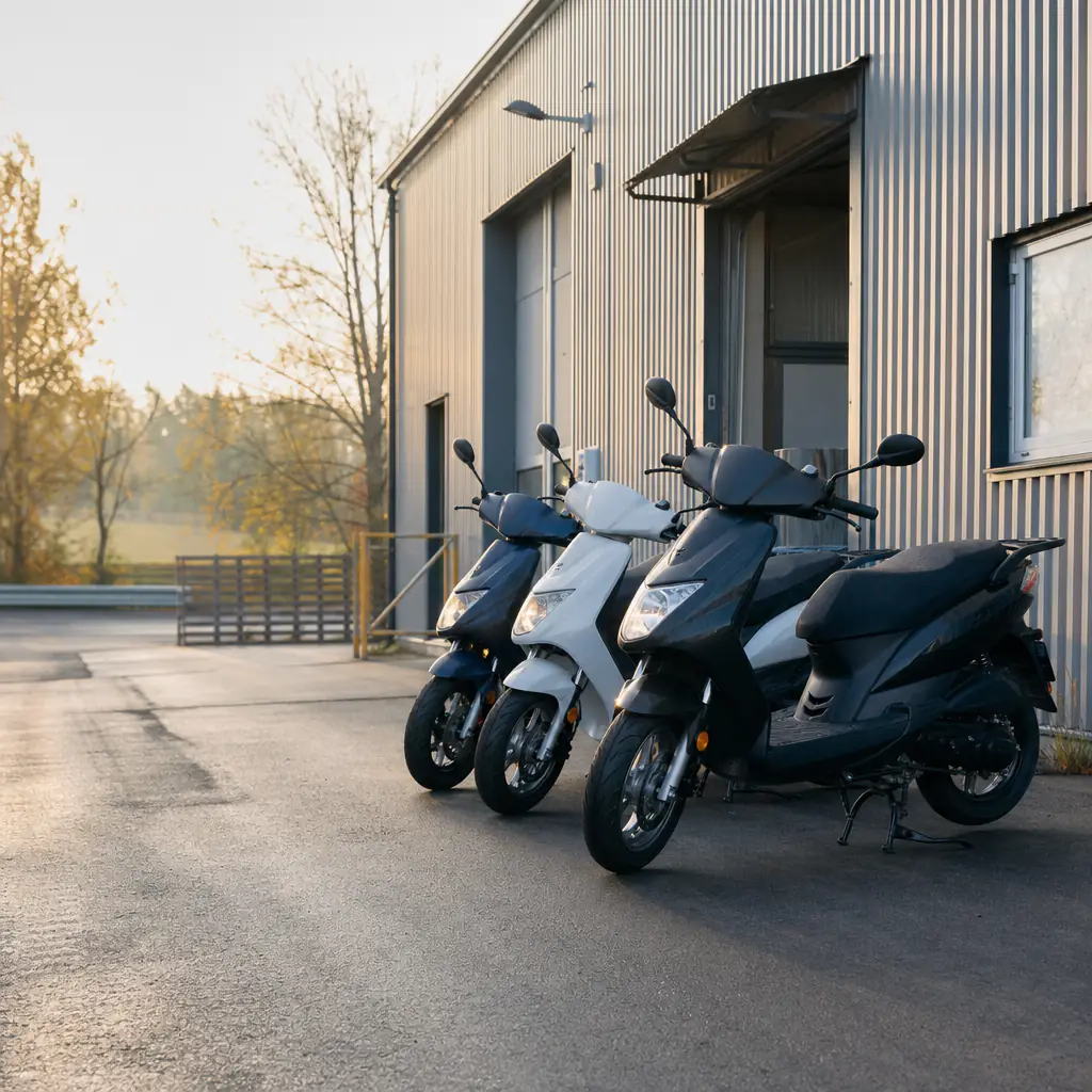 Mat-bud på en klass 1-moped utanför en restaurang i innerstaden