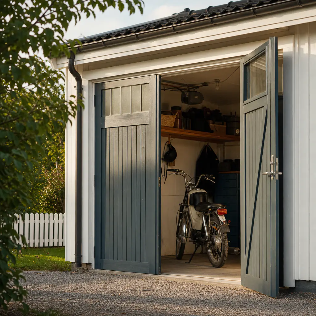 Moped i nedlåst garage med branddetektor