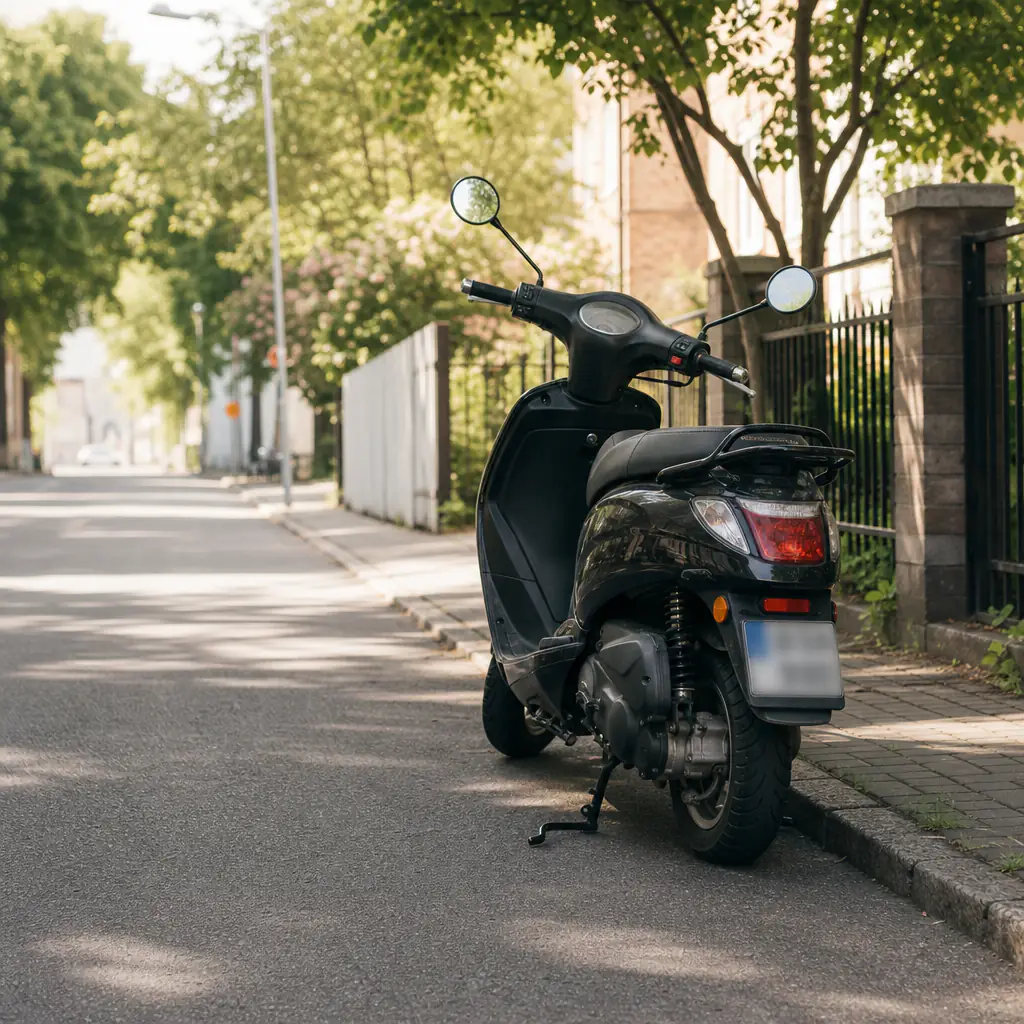 EU-moped klass 1 med registreringsskylt parkerad utomhus