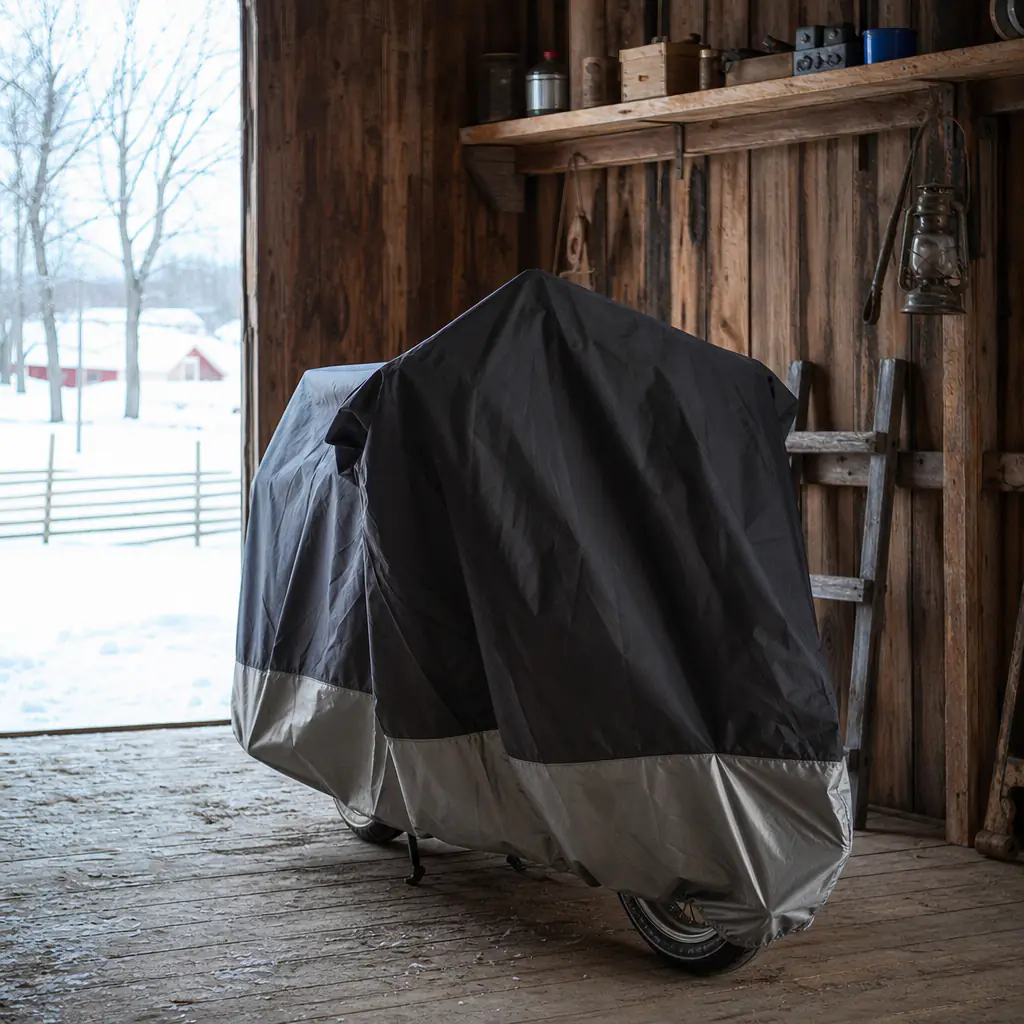 Moped under presenning i kallförråd vinter
