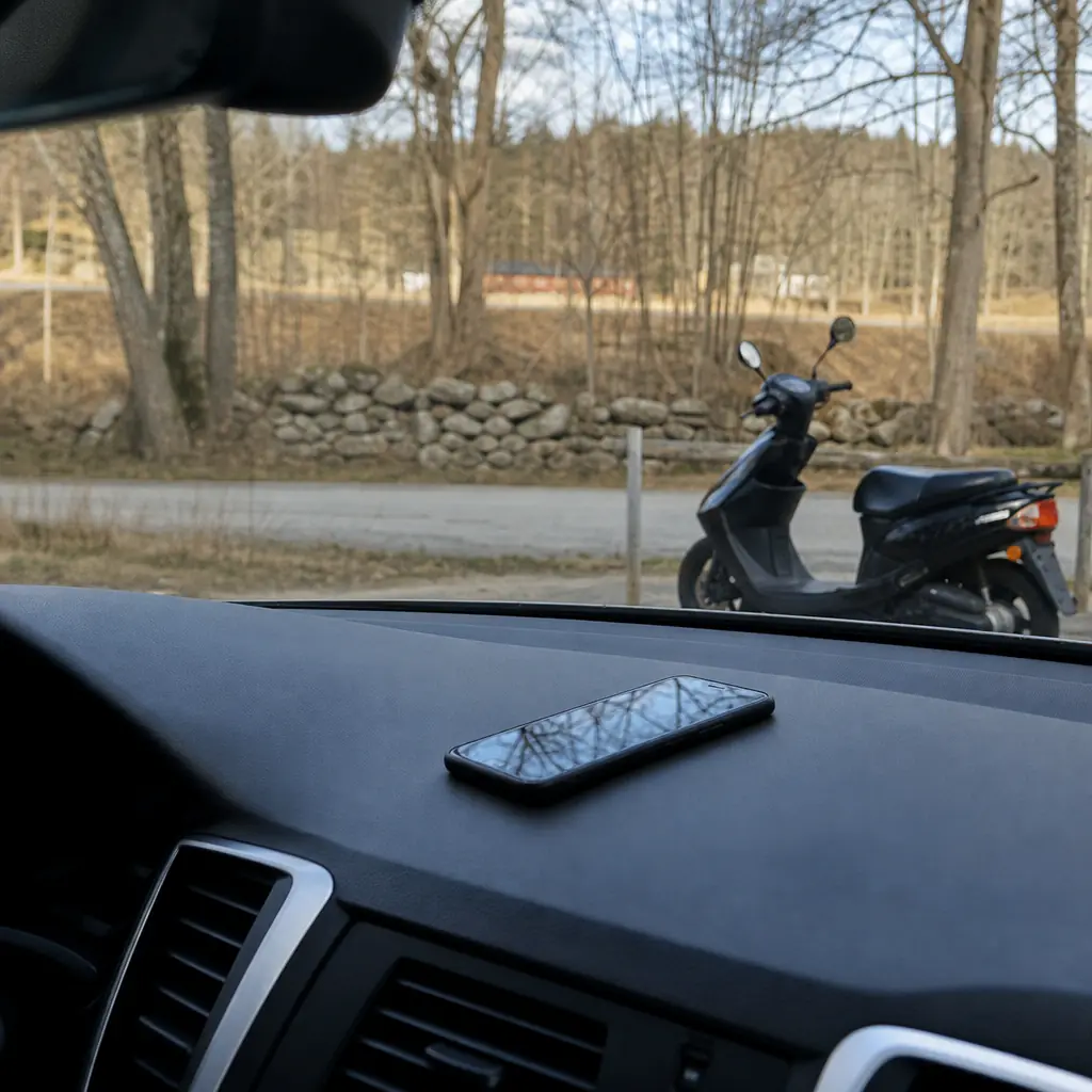 Tesla parkerad på en uppfart med moped klass 2 bredvid