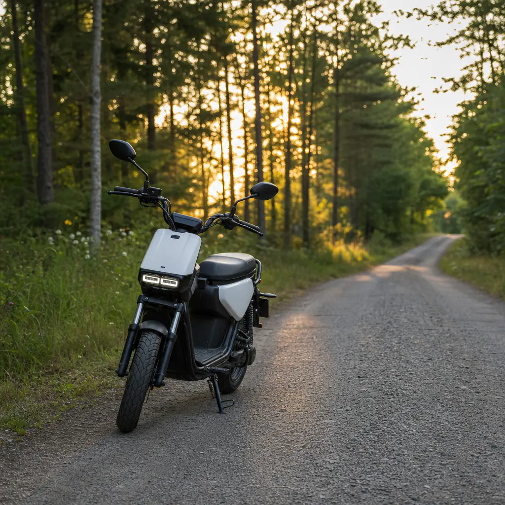 Eldriven cykel/moped vid asfalterad väg