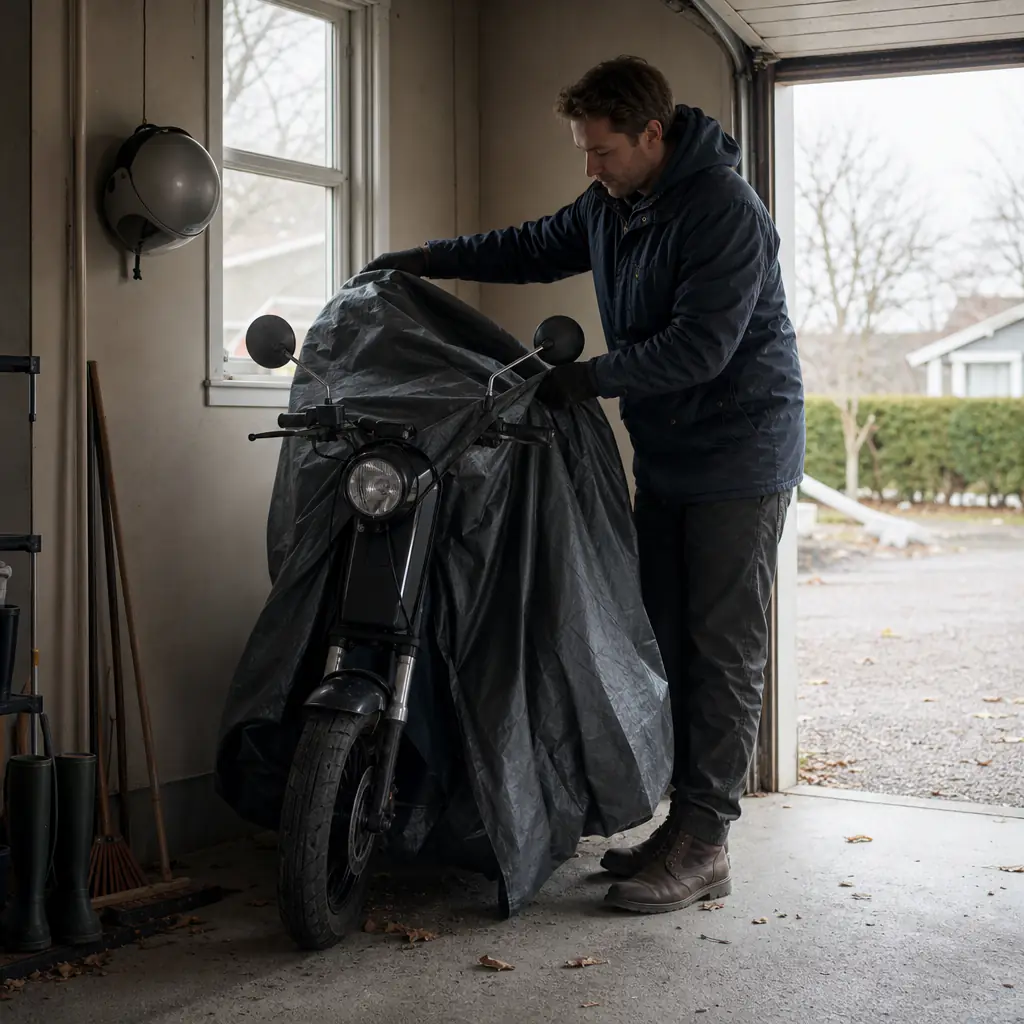 Moped täckt med presenning i garageförvaring