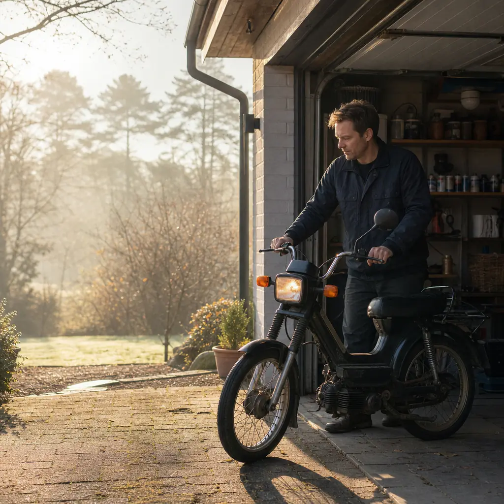 Moped utanför garage på vårdag