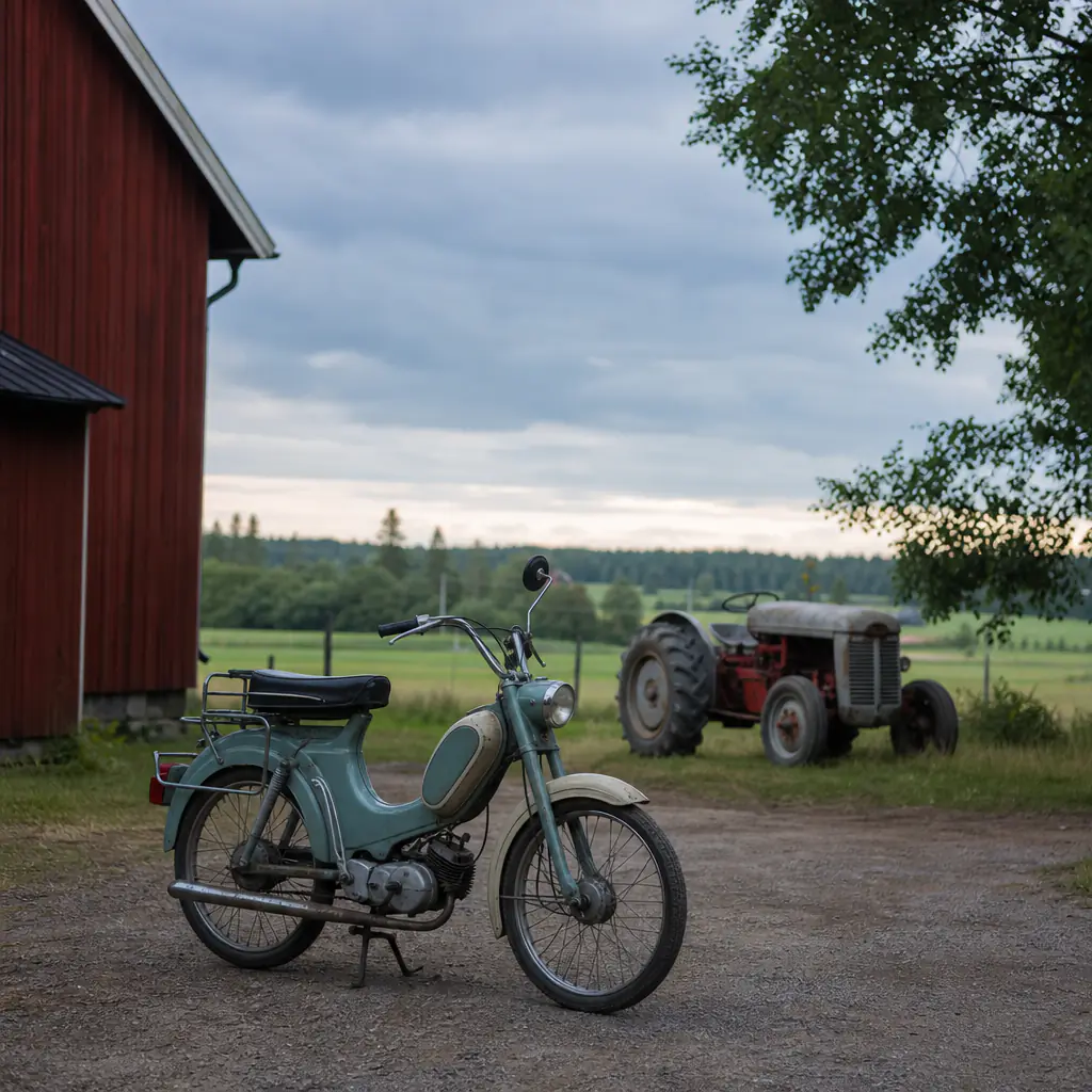 Lätt motorcykel parkerad utanför en verkstad — moped tecknas ej av Svedea