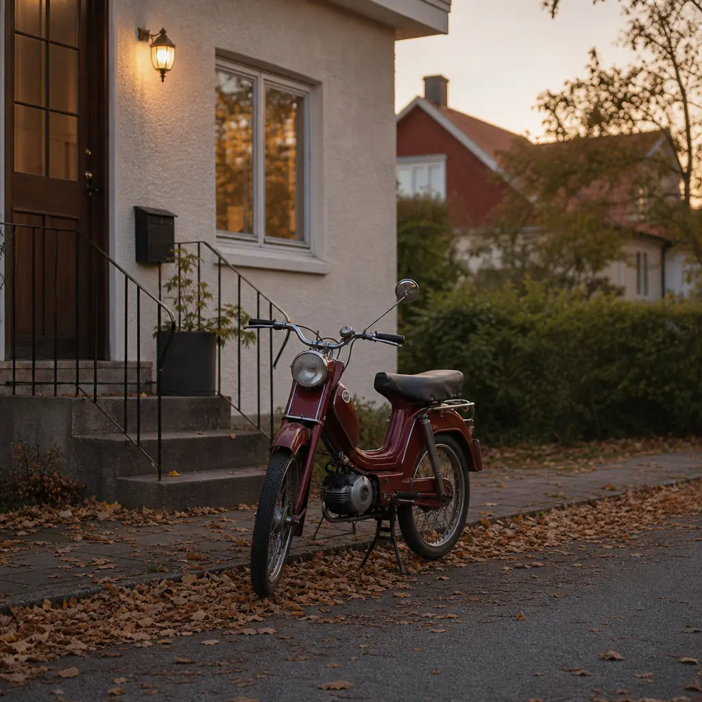 Skoter klass 1 vid en uppfart i tidig sommarljus