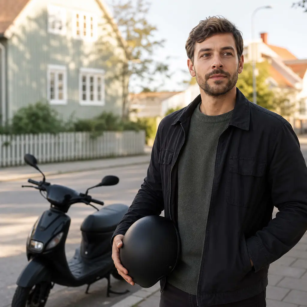 Person sitter vid köksbordet och fyller i försäkringsformulär på laptop