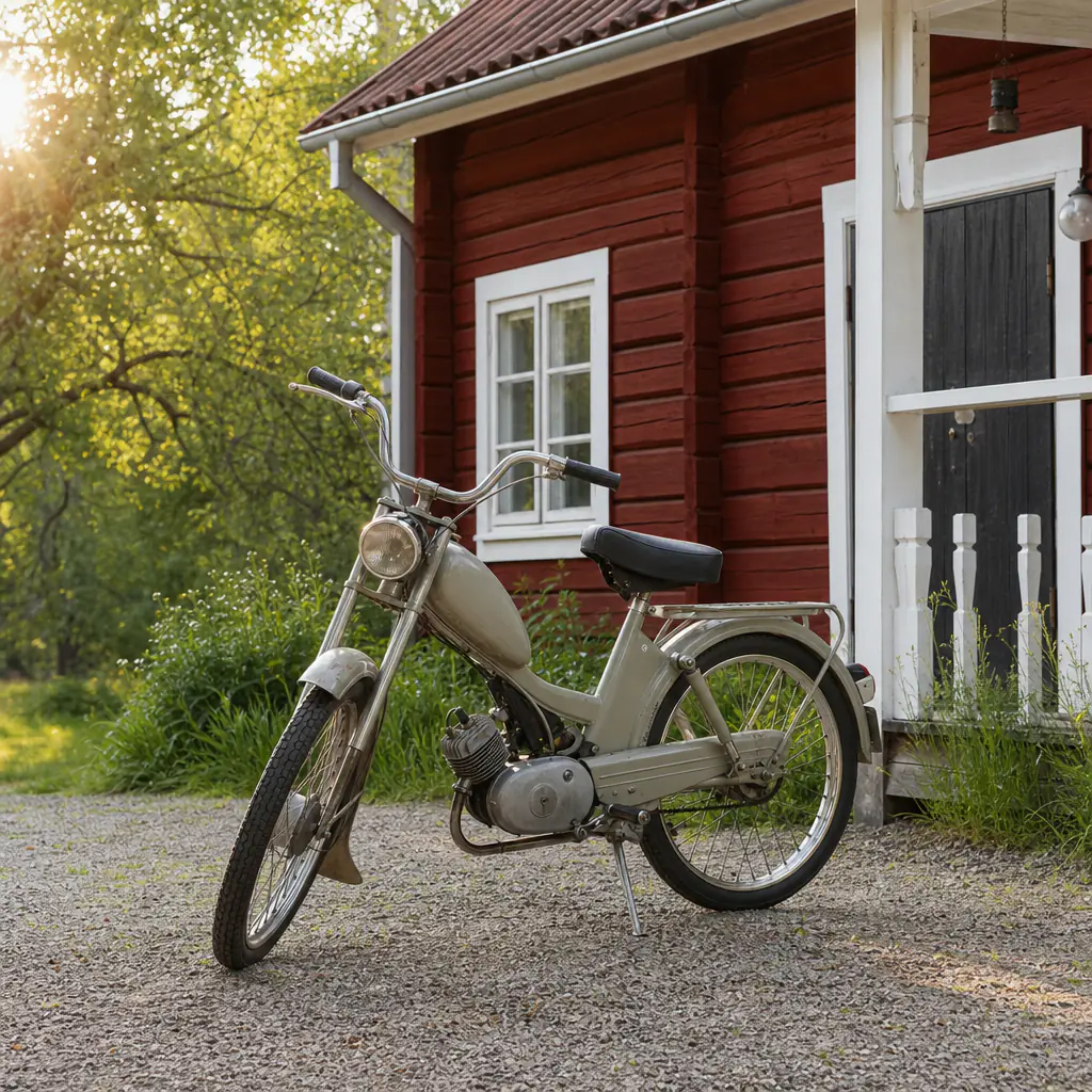 Veteranmoped från 1970-talet vid trähus